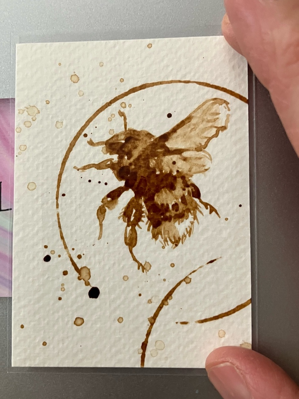 ACEO bumblebee coffee painting bee ATC fun gift art by Artettina USA